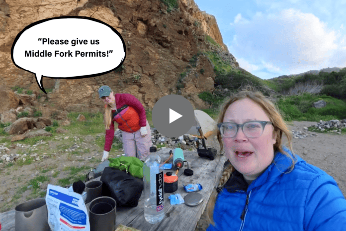 Text "Please Give Me A Permit" in a speech bubble over image of campers at camp making a video