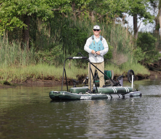 Fishing Kayak Review: Sea Eagle FS1210 Kayak Angler editor Ric Burnley stands and fishes from the Sea Eagle FS1210