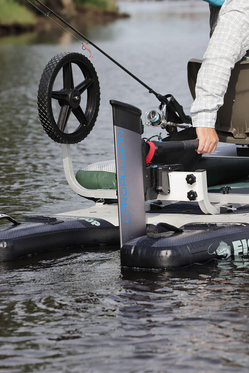 detail photo of a motor attached to the Sea Eagle FS1210 inflatable