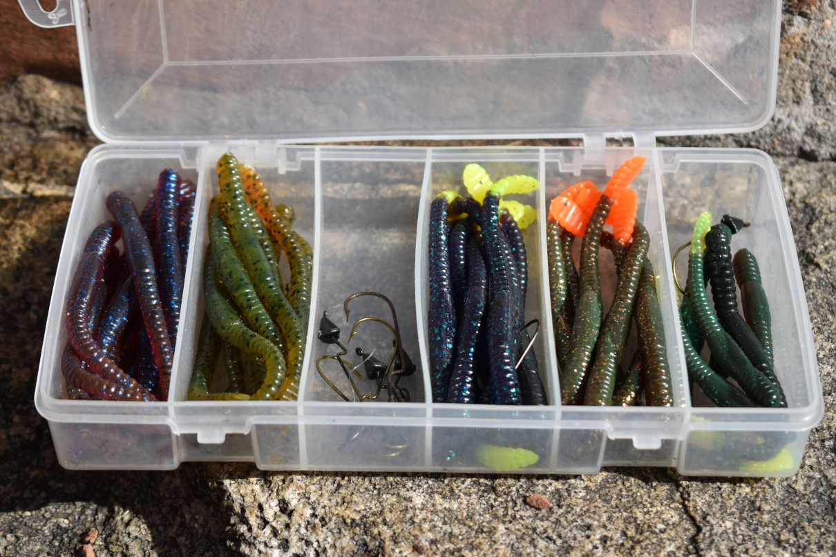 Tackle box with selection of slider worms.