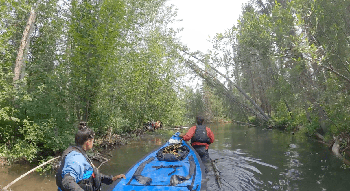Two people pushing canoe upriver