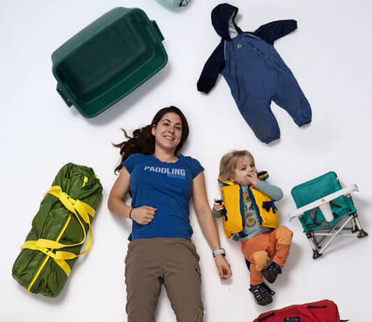 What’s In Editor Marissa Trepanier’s Kit For Canoe Camping With A Toddler Marissa Trepanier poses with her son Sebastian and gear for canoe camping with a toddler