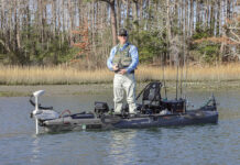 Gear Of The Year: Largemouth Bass Kayak Angler editor Ric Burnley stands and fishes for largemouth bass from a kayak