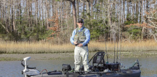 Gear Of The Year: Largemouth Bass Kayak Angler editor Ric Burnley stands and fishes for largemouth bass from a kayak