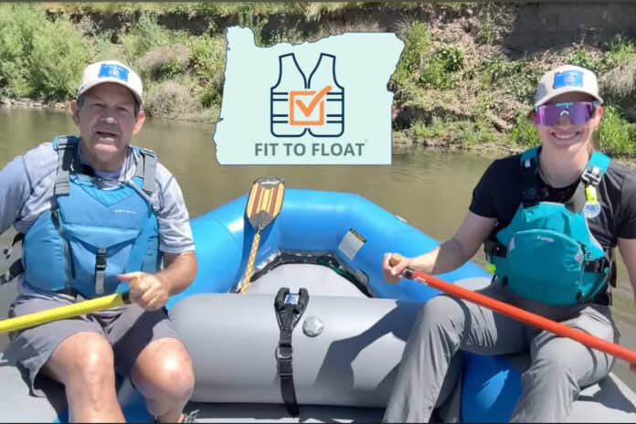 image of two paddlers in a raft on an oregon river with the fit to float logo overlaid on top of hte image