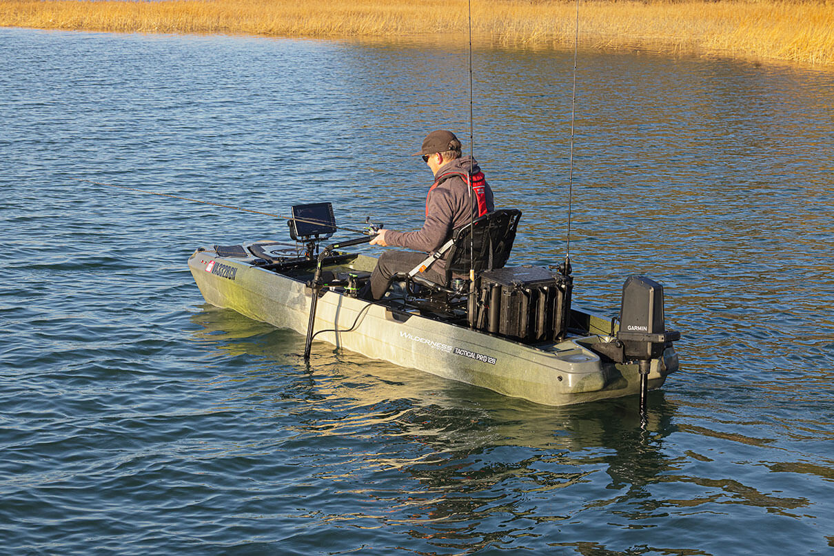 Kayak Angler editor Ric Burnley tries out the Wilderness Systems Tactical Pro 128 fishing kayak with Garmin Force Current motor