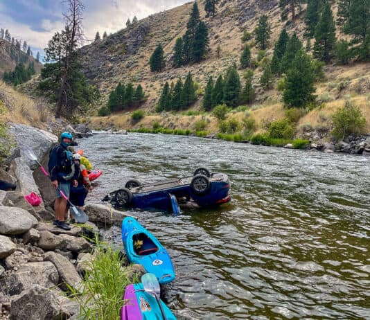 Behind The Rescue: Kayakers Save Family After Car Plunges Into River Boaters jumped into action to rescue two occupants when this vehicle flew off-road into the North Fork Payette River