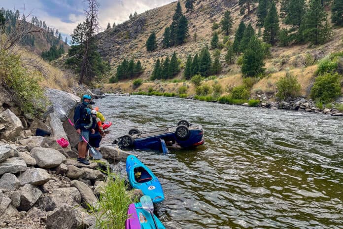 Boaters jumped into action to rescue two occupants when this vehicle flew off-road into the North Fork Payette River