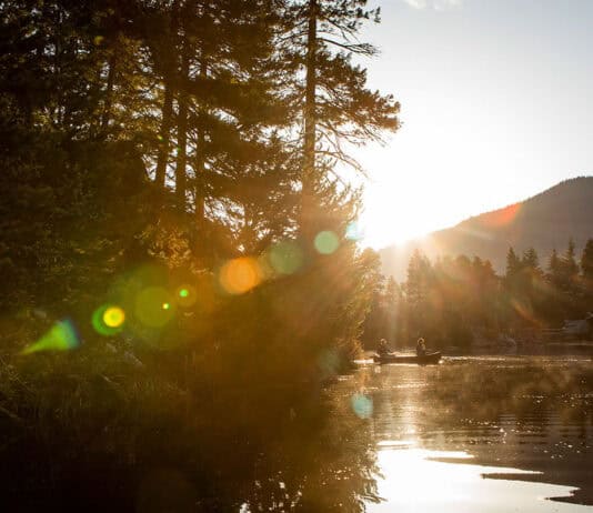 Peace Of The Paddle two people paddle a canoe along a river with conifer trees and forested mountain behind in bright sunlight