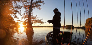 Next-Level Fishing: Hit The Road man stands and fishes from kayak at dawn