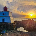 Fish Vancouver Island: Catch Halibut, Lingcod And Salmon sun shines on a scenic lighthouse on Vancouver Island's rocky coast
