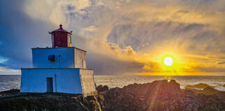 Fish Vancouver Island: Catch Halibut, Lingcod And Salmon sun shines on a scenic lighthouse on Vancouver Island's rocky coast