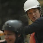 Raft guide and guest navigating whitewater on the Pigeon River in Tennessee.