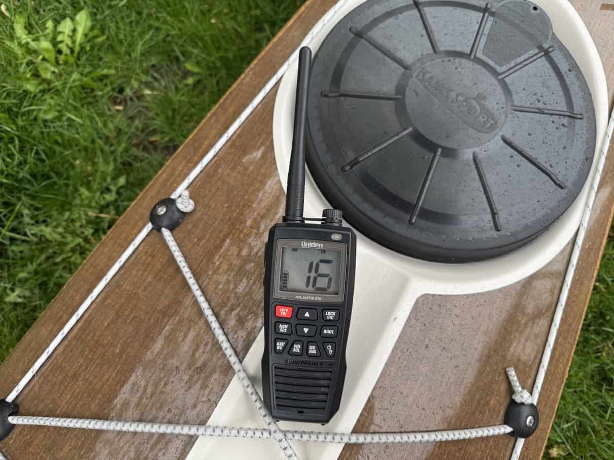 Uniden Atlantis radio on kayak.