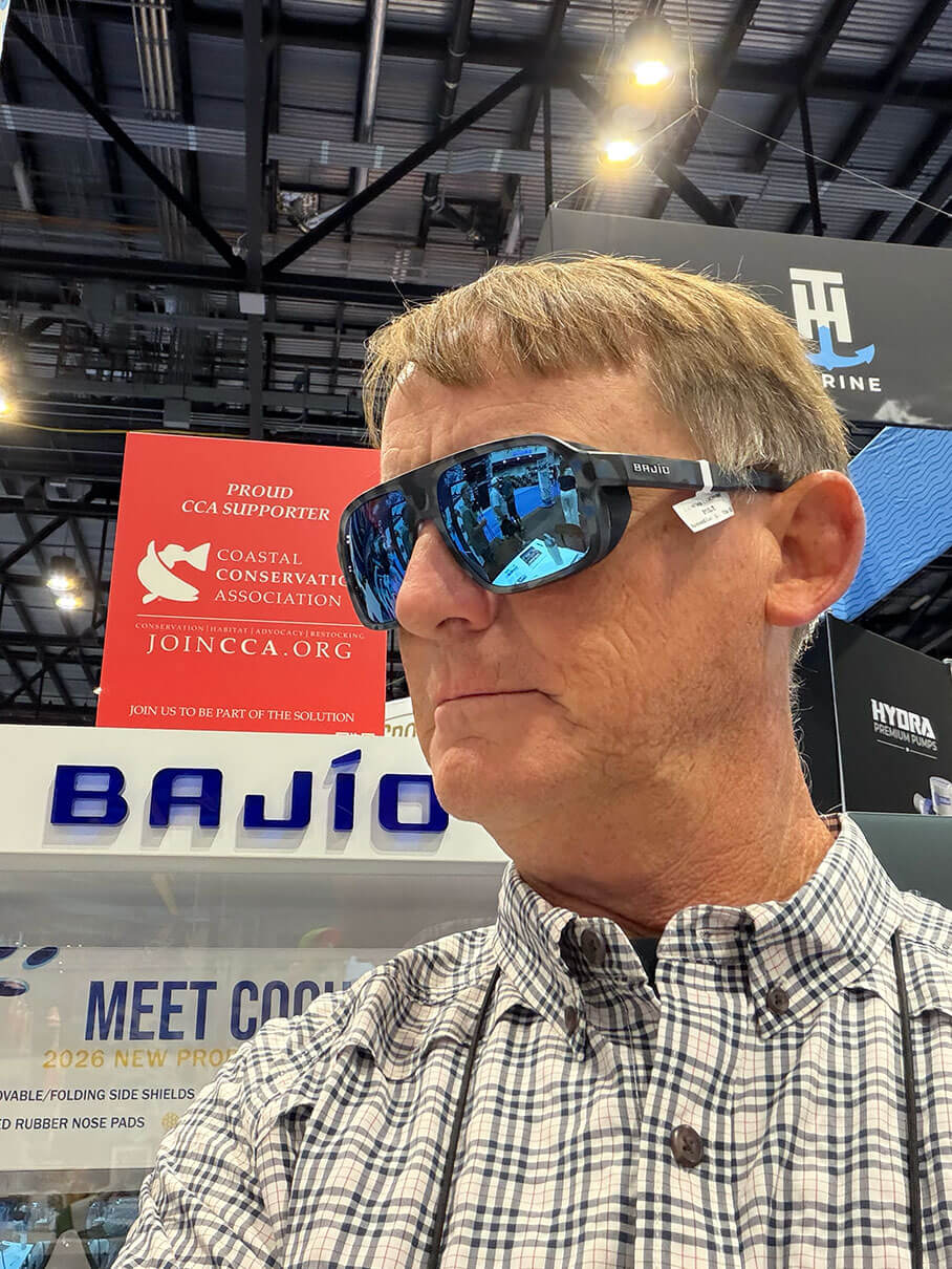 Kayak Angler editor Ric Burnley models the new Bajio Cocho sunglasses at ICAST 2026