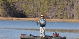 Gear Of The Year: The Best Stuff For River Fishing Kayak Angler editor Ric Burnley stands and fishes from the Wilderness Systems’ iATAk inflatable fishing kayak