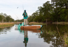 You Should Be Fishing From An Inflatable Kayak a person stands and pitches a lure from a BOTE inflatable kayak