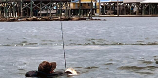 Ride The Bull, Literally Travis Puls Jr. holds onto his redfish after capsizing during the tournament