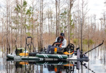 Best New Fishing Gear For SUP Fishing man fishes from a rigged up Sea Eagle FS1210 inflatable paddleboard