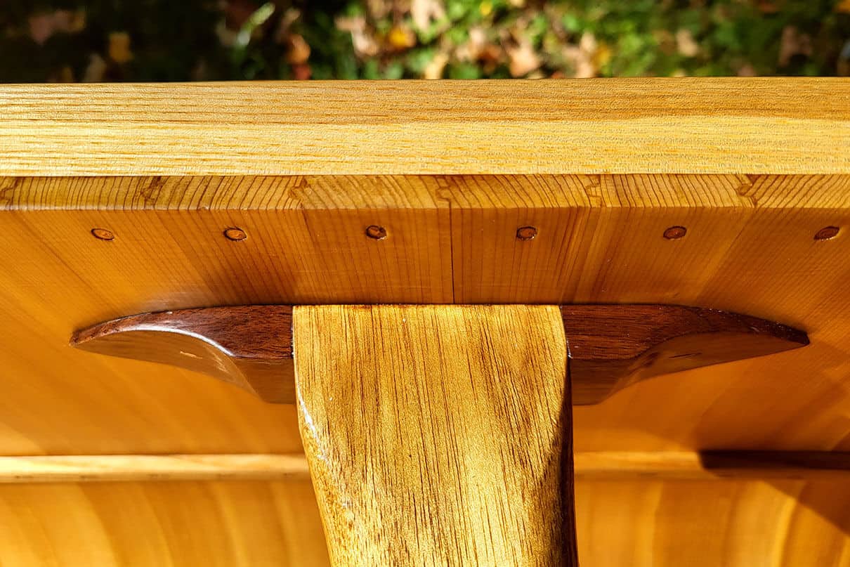 close-up on the tongue-and-groove ribs of the cedar rib canoe