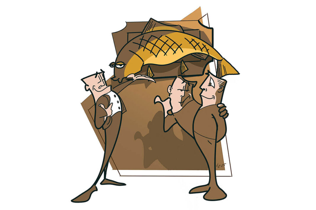 king-carp-0-lorenzo-del-bianco-c illustration of a waiter in brown presenting a carp to two men