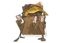 Ode To The Lowly Carp illustration of a waiter in brown presenting a carp to two men