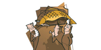 Ode To The Lowly Carp illustration of a waiter in brown presenting a carp to two men