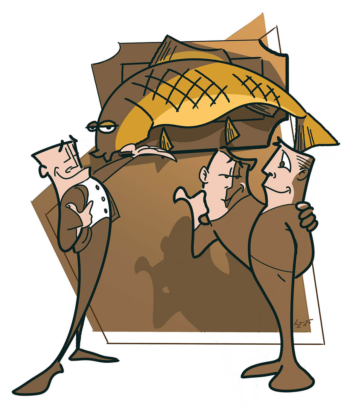 illustration of a waiter in brown presenting a carp to two men
