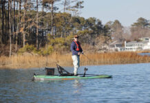 Hybrid Review: Pelican Catch Kicker 110 HDII Kayak Angler editor Ric Burnley stands and fishes from the Pelican Catch Kicker 110 HDII